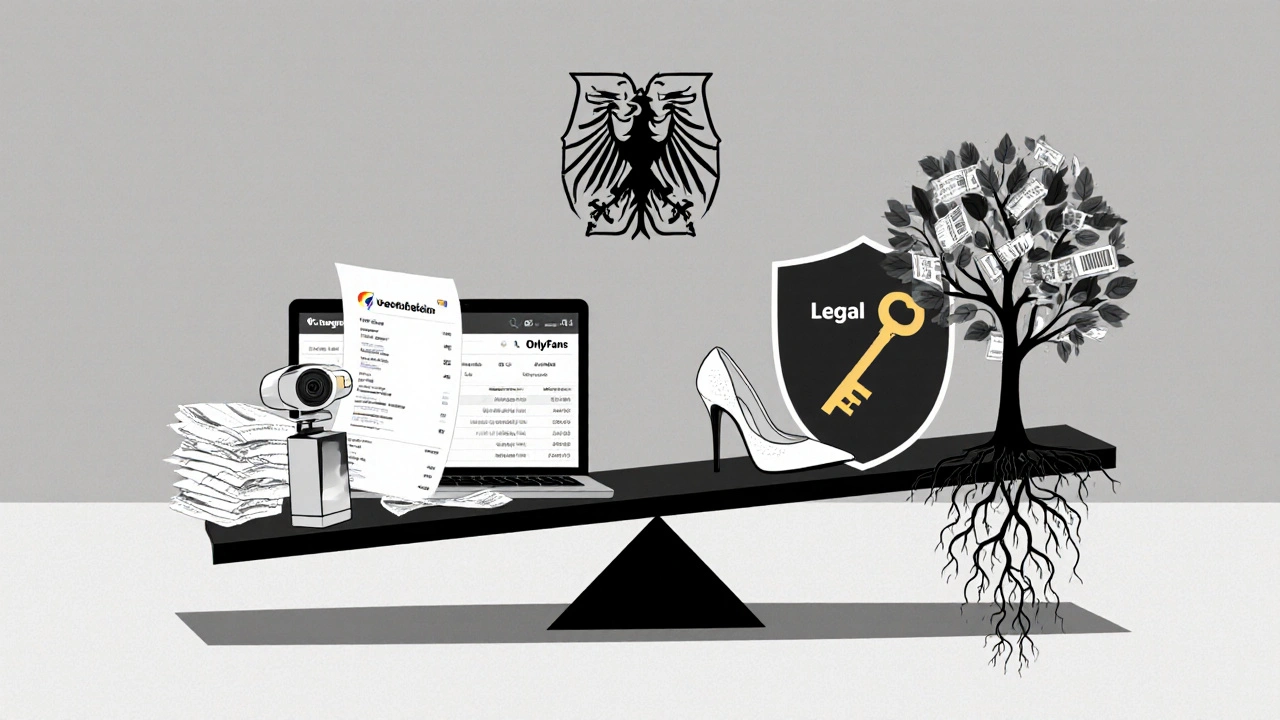 Surreal balanced scale with work-related items on one side and legal protection symbols on the other.