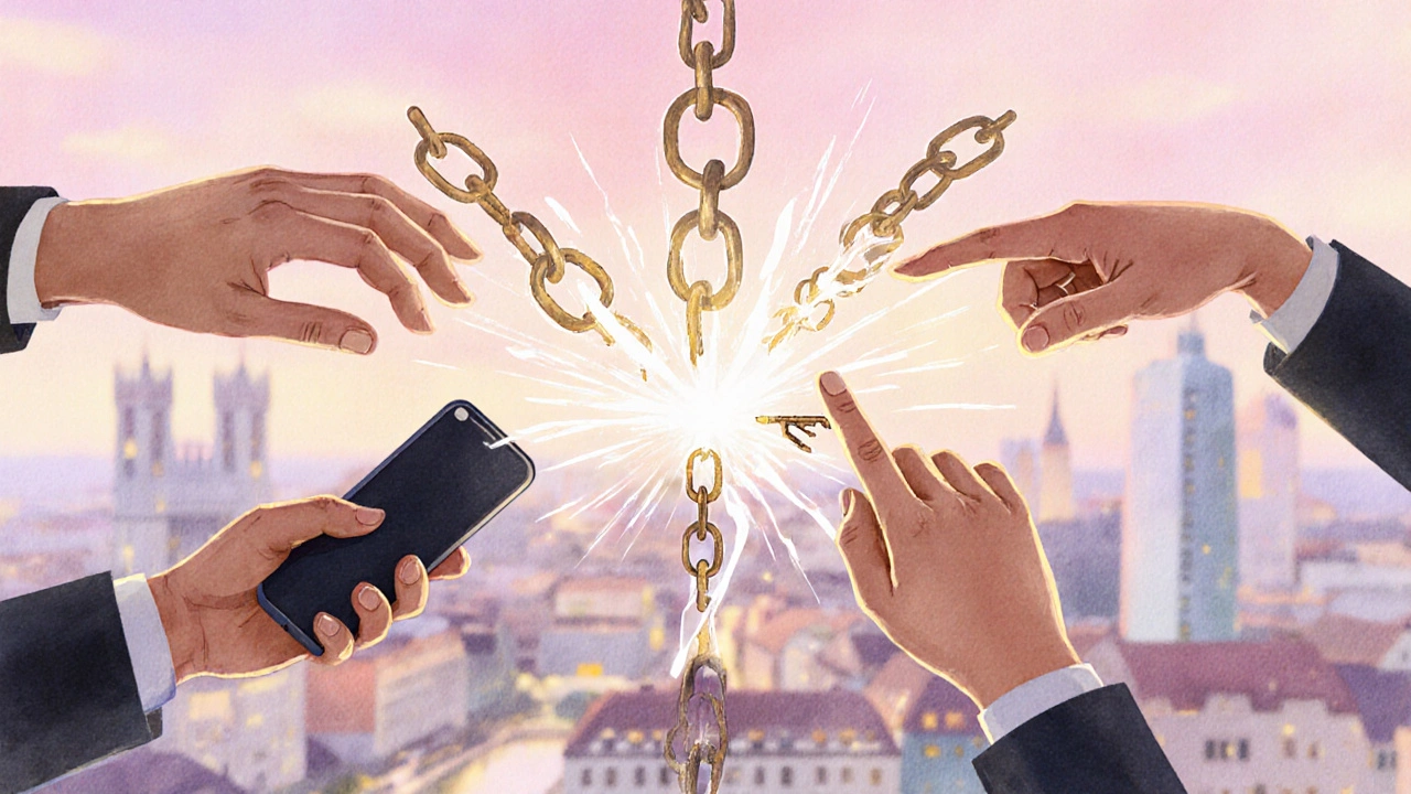 Three hands reach toward a breaking chain and rising light, symbolizing rescue and hope in Munich’s fight against trafficking.