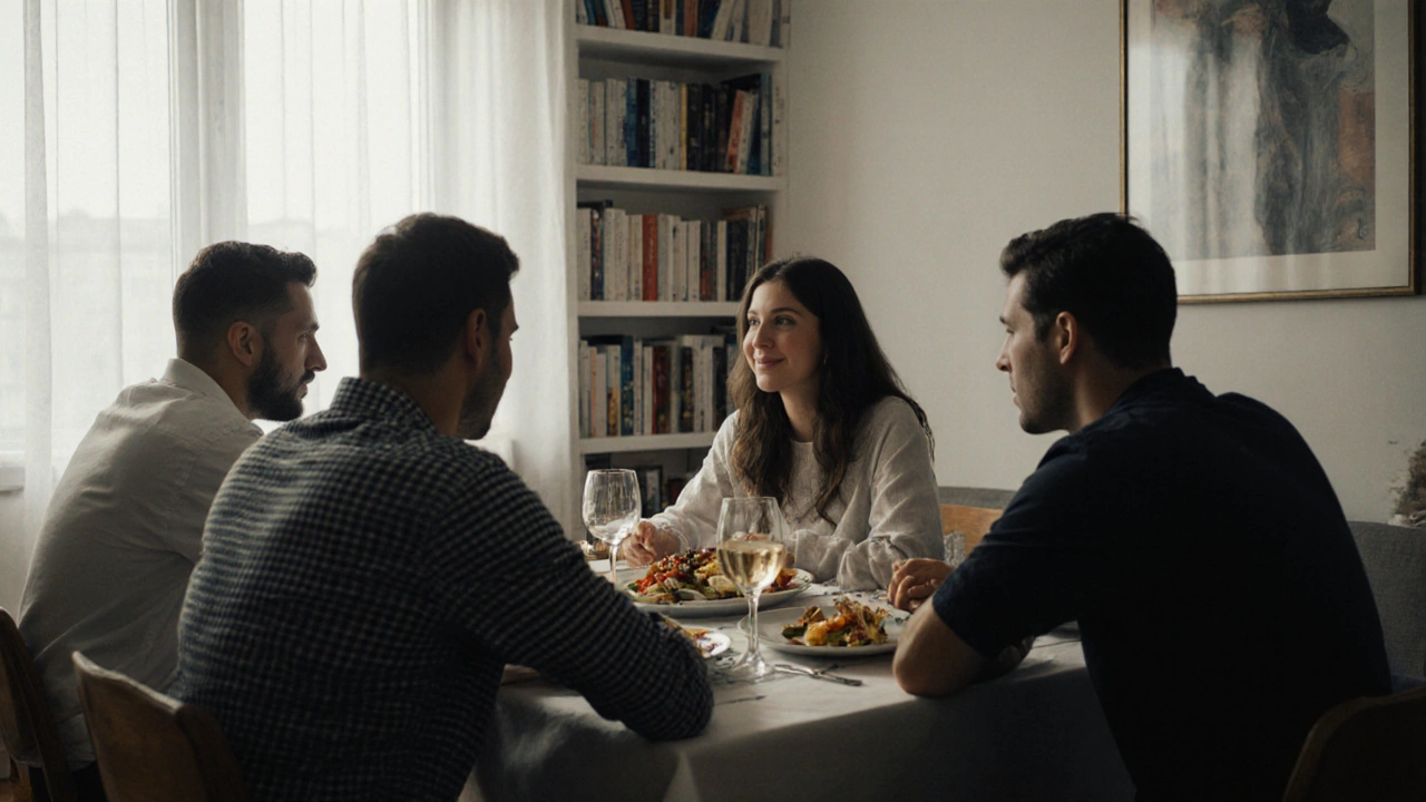 Three men and a woman having a quiet dinner together in a cozy Moscow apartment, sharing conversation.