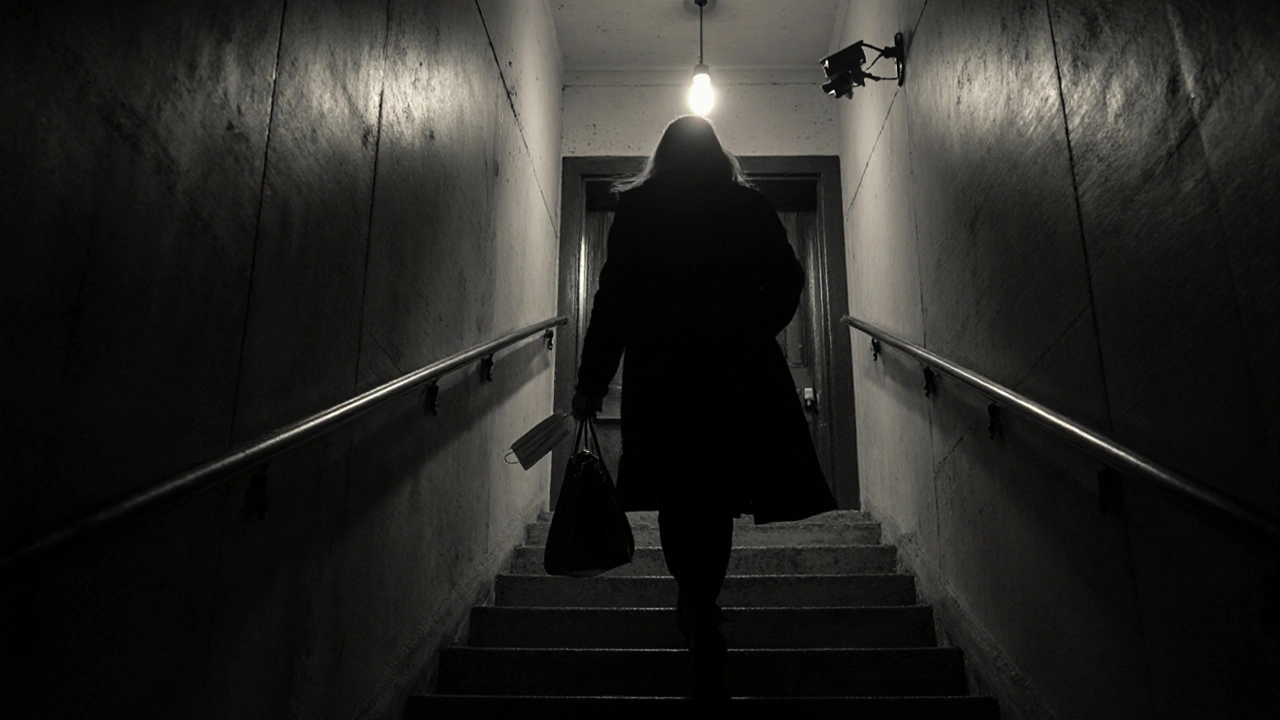Woman climbing a dark service stairwell in Moscow, small bag in hand, flickering light above, exit door ahead.