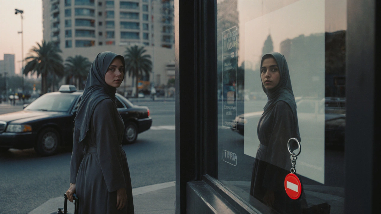 Woman standing alone on a quiet Dubai street at dawn with suitcase, glancing back cautiously as luxury hotel looms behind.