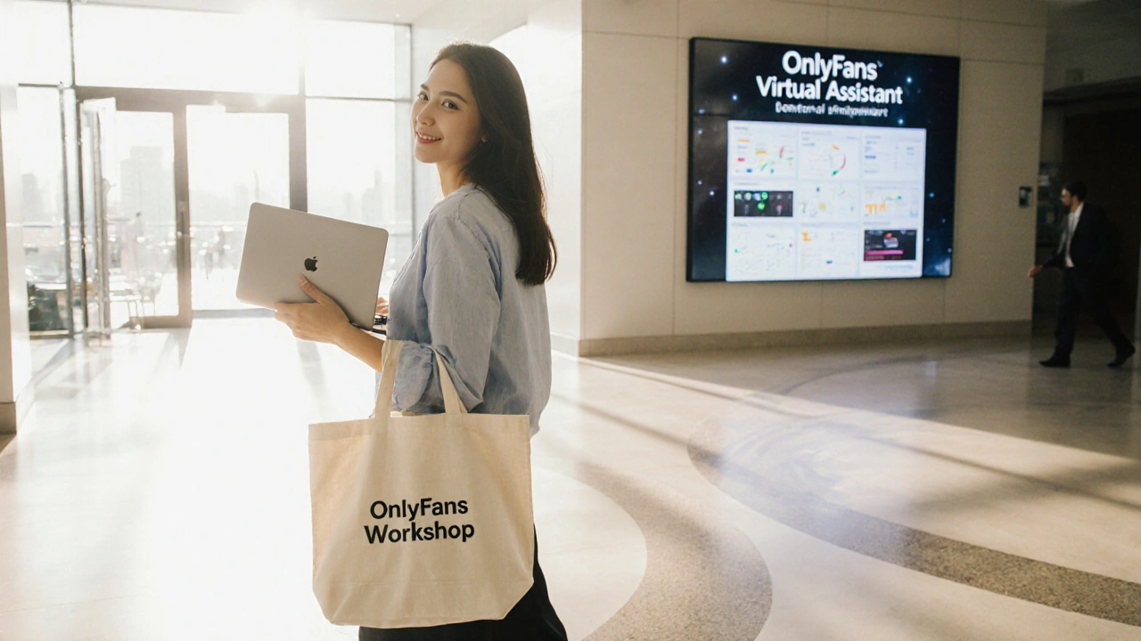 Woman walking confidently in a Dubai office lobby, holding laptop as virtual assistant.