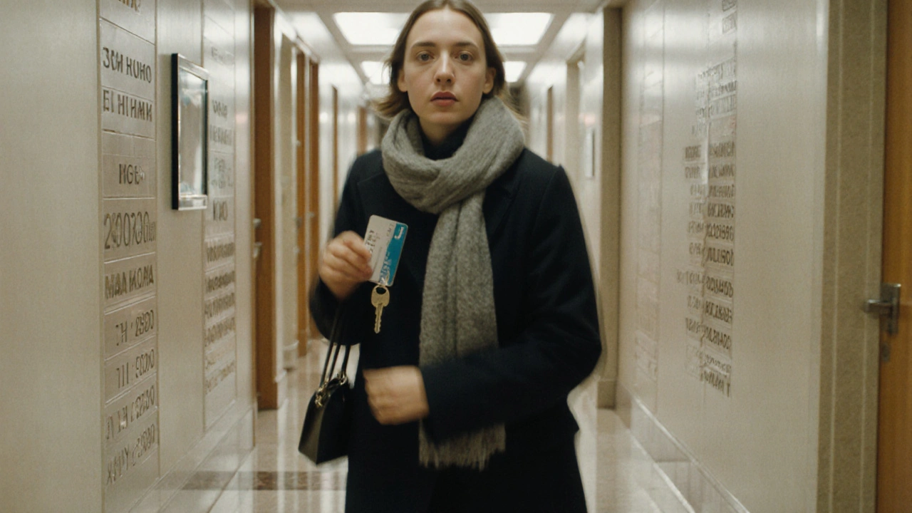 Woman walking quickly down a hotel corridor at Moscow&#039;s Vnukovo Airport, holding a keycard, face partially obscured.