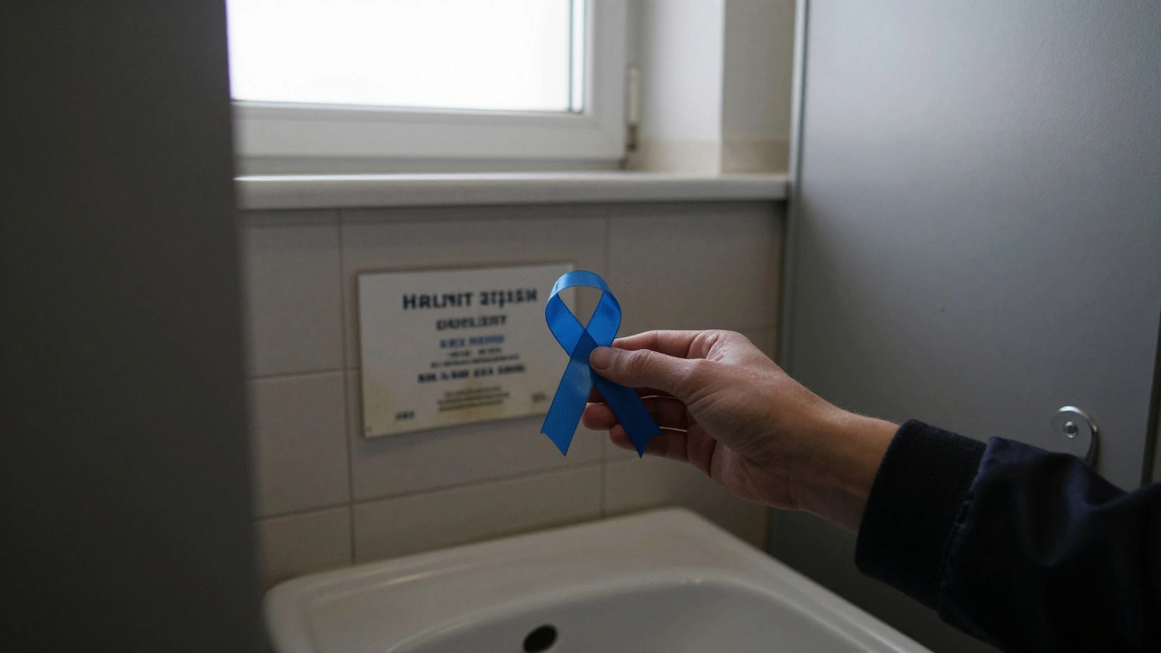 A blue ribbon left in a public restroom stall in Moscow, symbolizing hidden support.