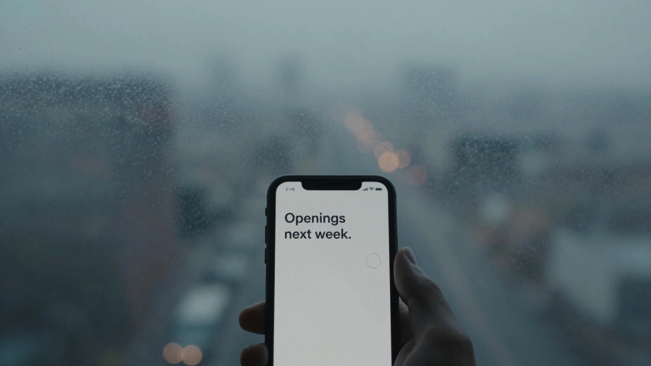 A blurred city view through frosted glass with a hand holding a burner phone showing discreet text.