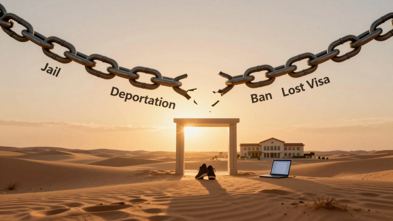 A broken chain of legal consequences above a desert skyline, with footsteps walking toward a hopeful future.