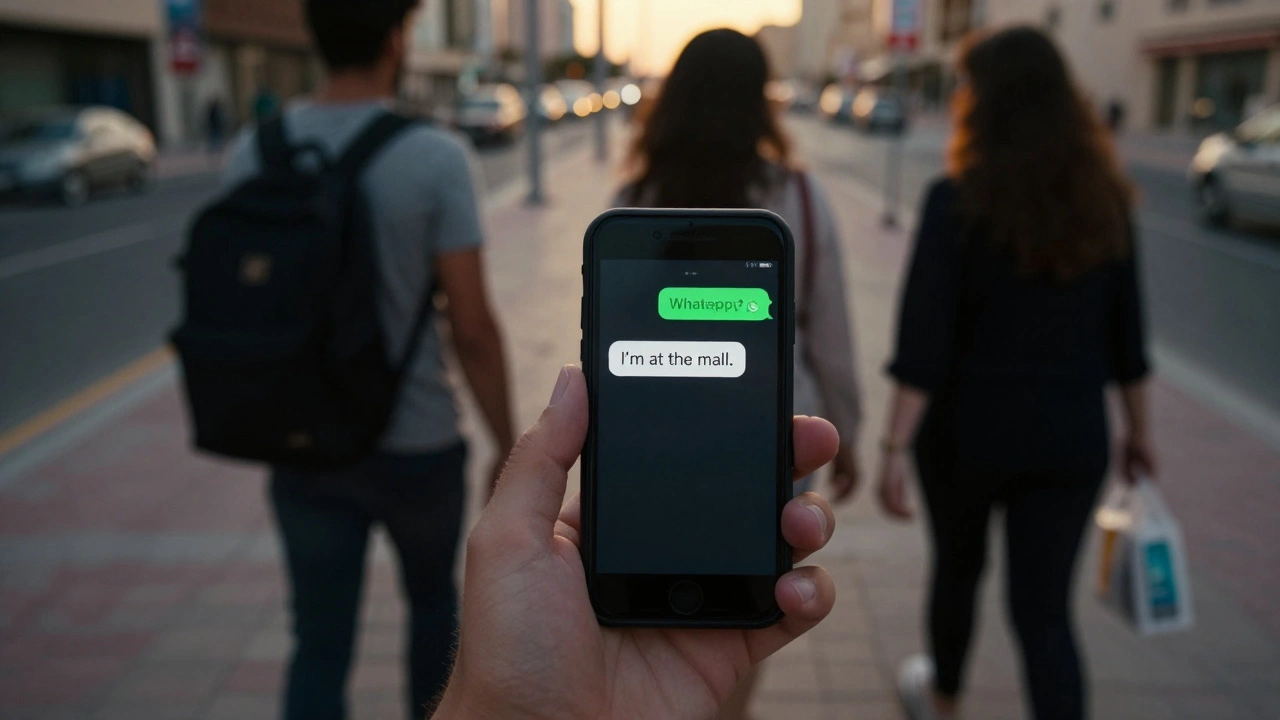 A hand holding a phone with a safety check-in message, silhouettes of women walking at dusk.