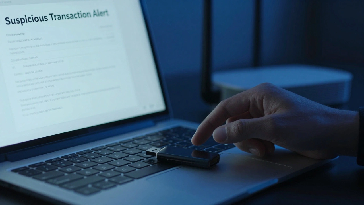 A hand inserting a crypto wallet into a laptop showing a suspicious transaction alert.