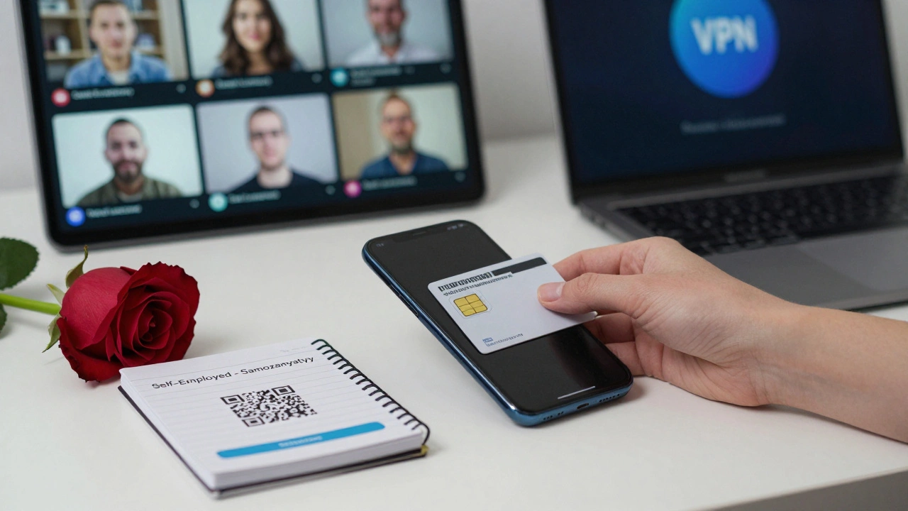 A hand placing a prepaid SIM card beside tax documents and a QR code, symbolizing legal independence and privacy.