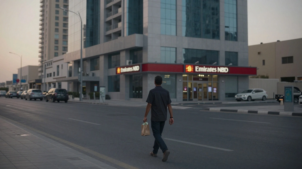 A person walking away from a luxury building at dawn, holding cash, with a bank in the distance.