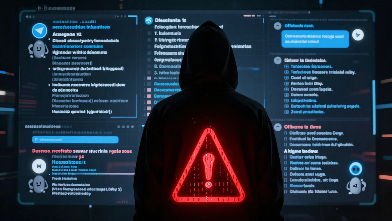 A shadowy figure facing a digital wall of encrypted apps and AI filters, with a fading police symbol in binary.