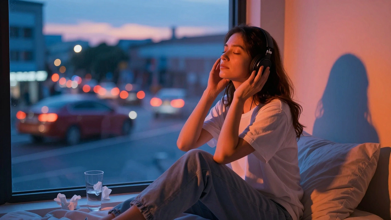 A woman listening to music alone on a bed, city lights outside, releasing work stress.