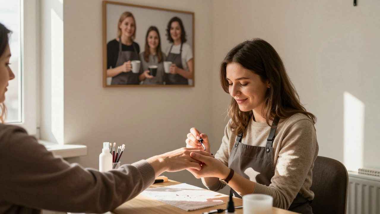 A woman working in a small nail salon in Krasnogorsk, smiling as she paints a client&#039;s nails in warm sunlight.