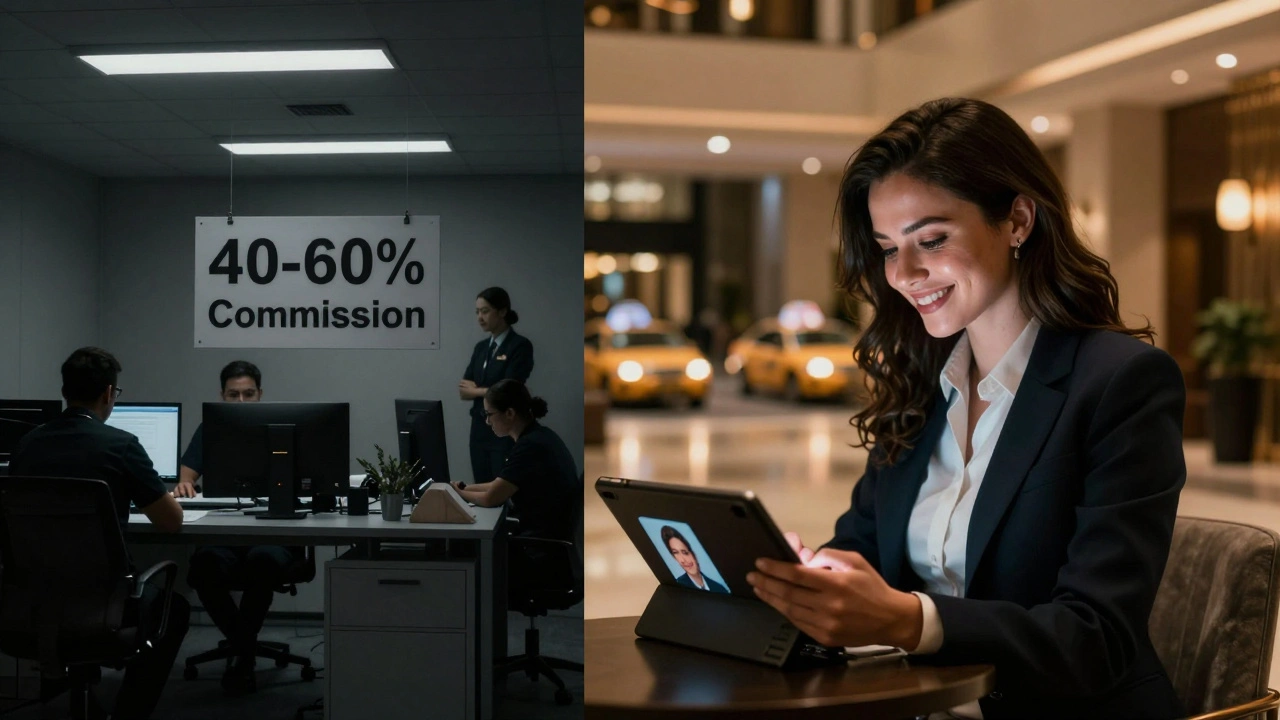 Contrasting scenes: a restrictive agency office versus a confident independent worker in a hotel lobby with encrypted messaging.