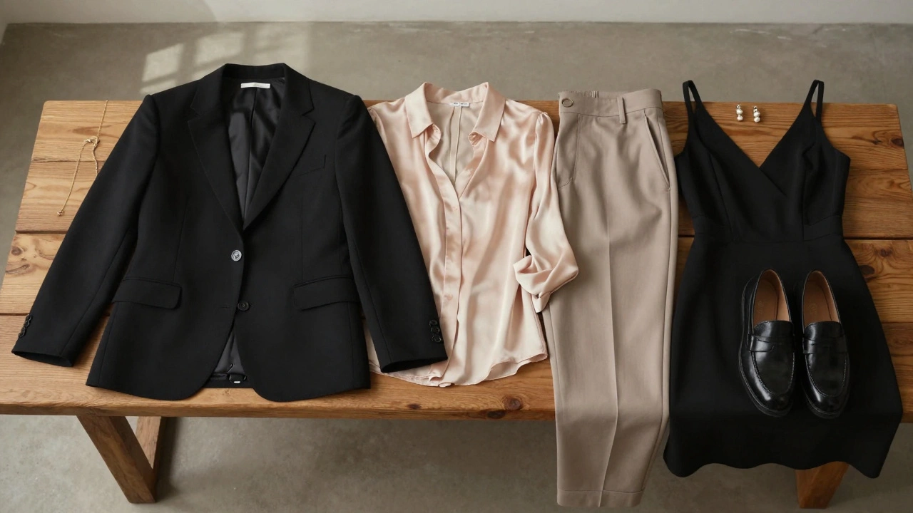 Curated professional wardrobe with tailored blazer, silk tops, trousers, and classic shoes laid out neatly.