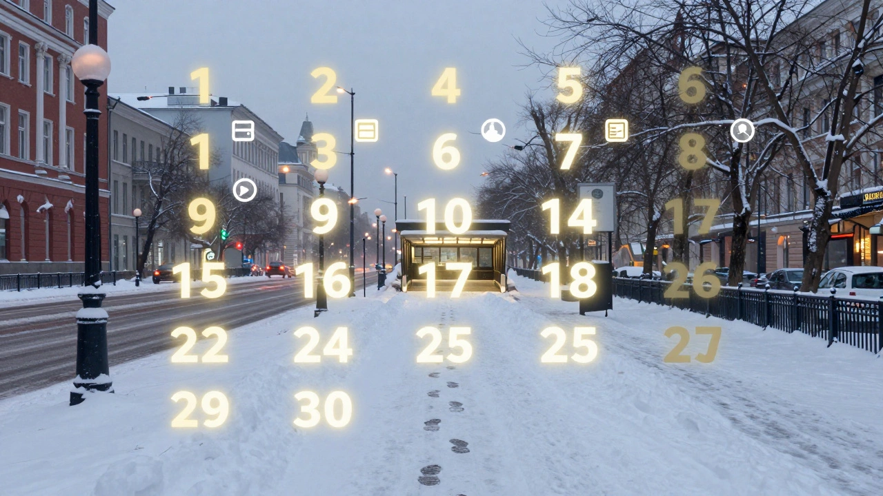 Digital calendar overlay on snowy Moscow street, highlighting peak booking days and fading after January 16.