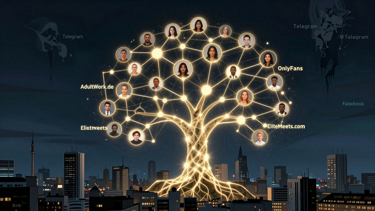 Digital network tree showing verified platforms growing while unregulated groups fade in shadow.