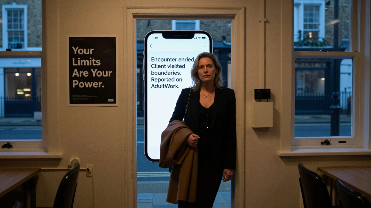 Escort leaving a safe meeting space, phone showing a boundary violation report.