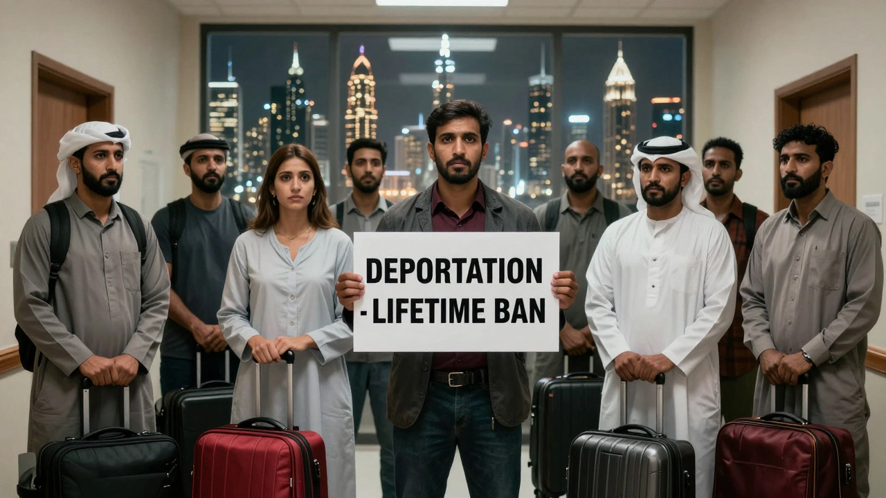 Foreign workers in courtroom hallway holding luggage, facing lifetime ban sign as Dubai skyline shines behind.