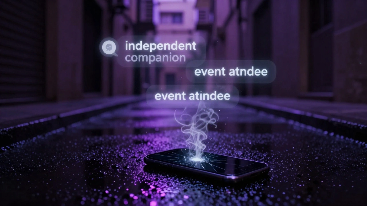 Ghostly chat messages fading in a dark Dubai alley, abandoned phone on ground.