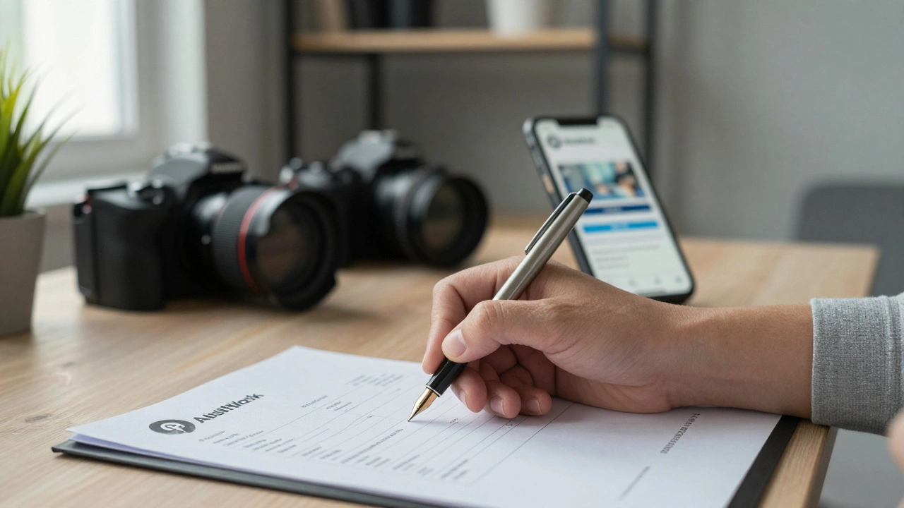 Hand signing a freelance invoice with tax number visible, surrounded by professional work tools.