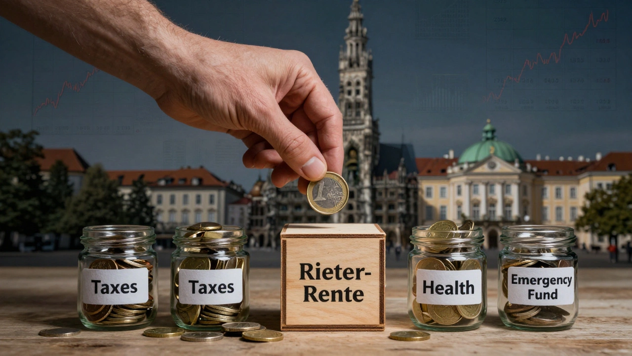 Hands depositing coins into labeled jars for taxes, health, emergency fund, and Riester-Rente pension.