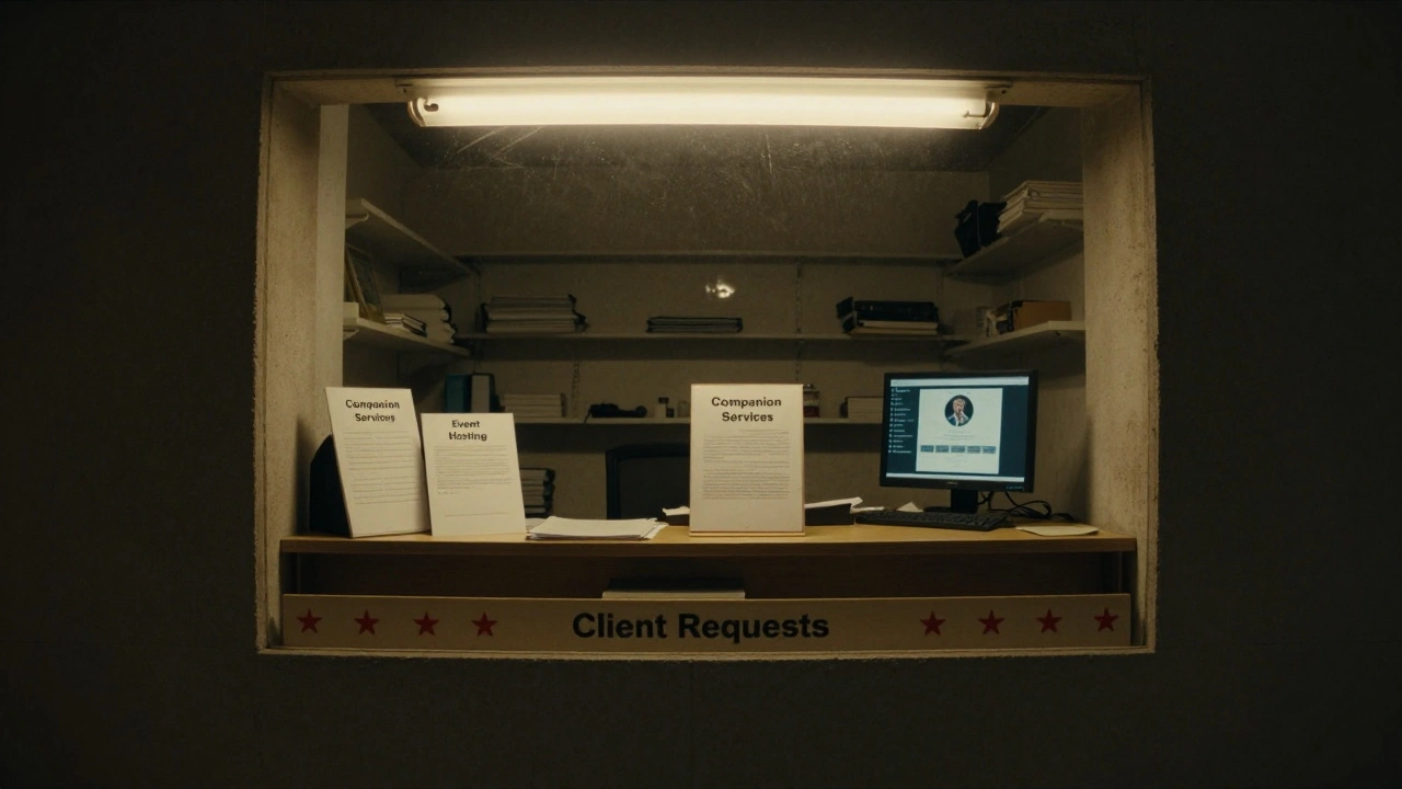 Hidden agency office with fake business documents and secret client files under flickering lights.