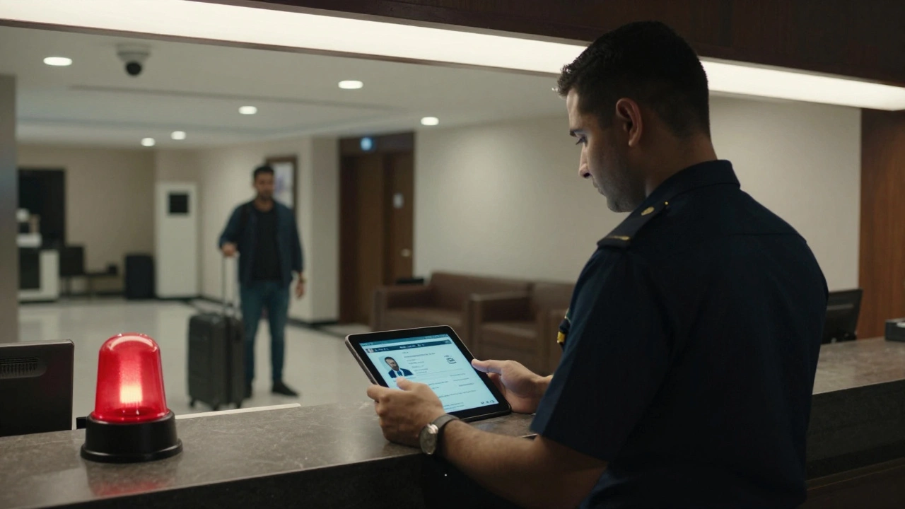 Hotel staff monitoring a guest alert on a tablet, security cameras overhead.
