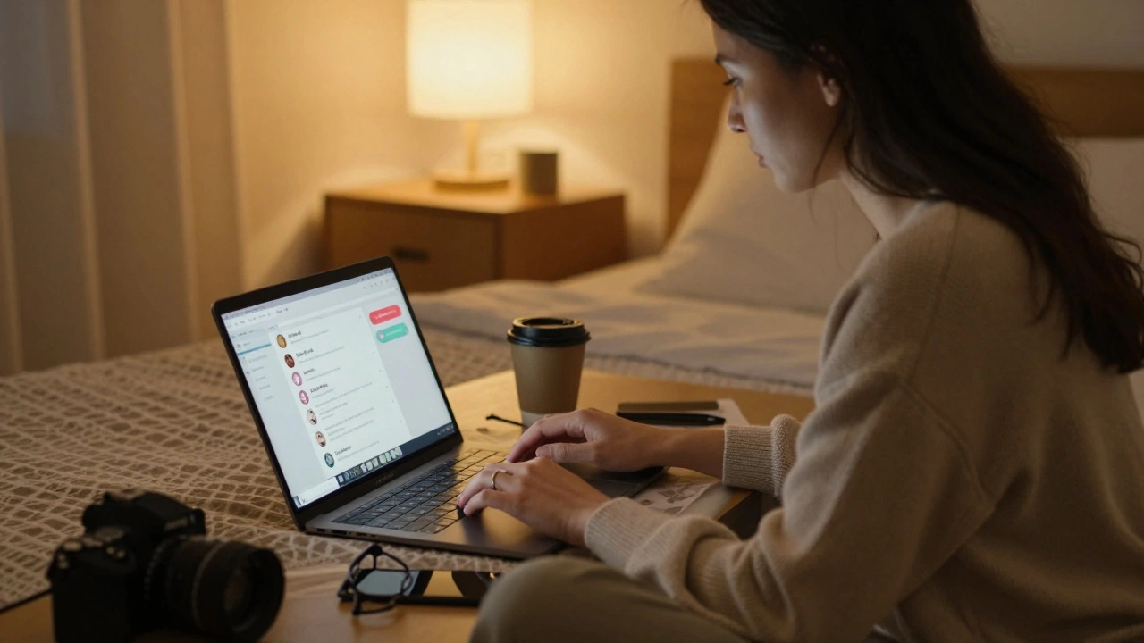 Independent escort working late at night with laptop and camera gear.