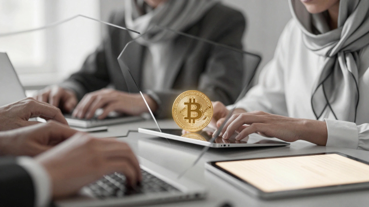 Mirror reflections of hands, silk scarf, and Bitcoin wallet, abstract and anonymous.