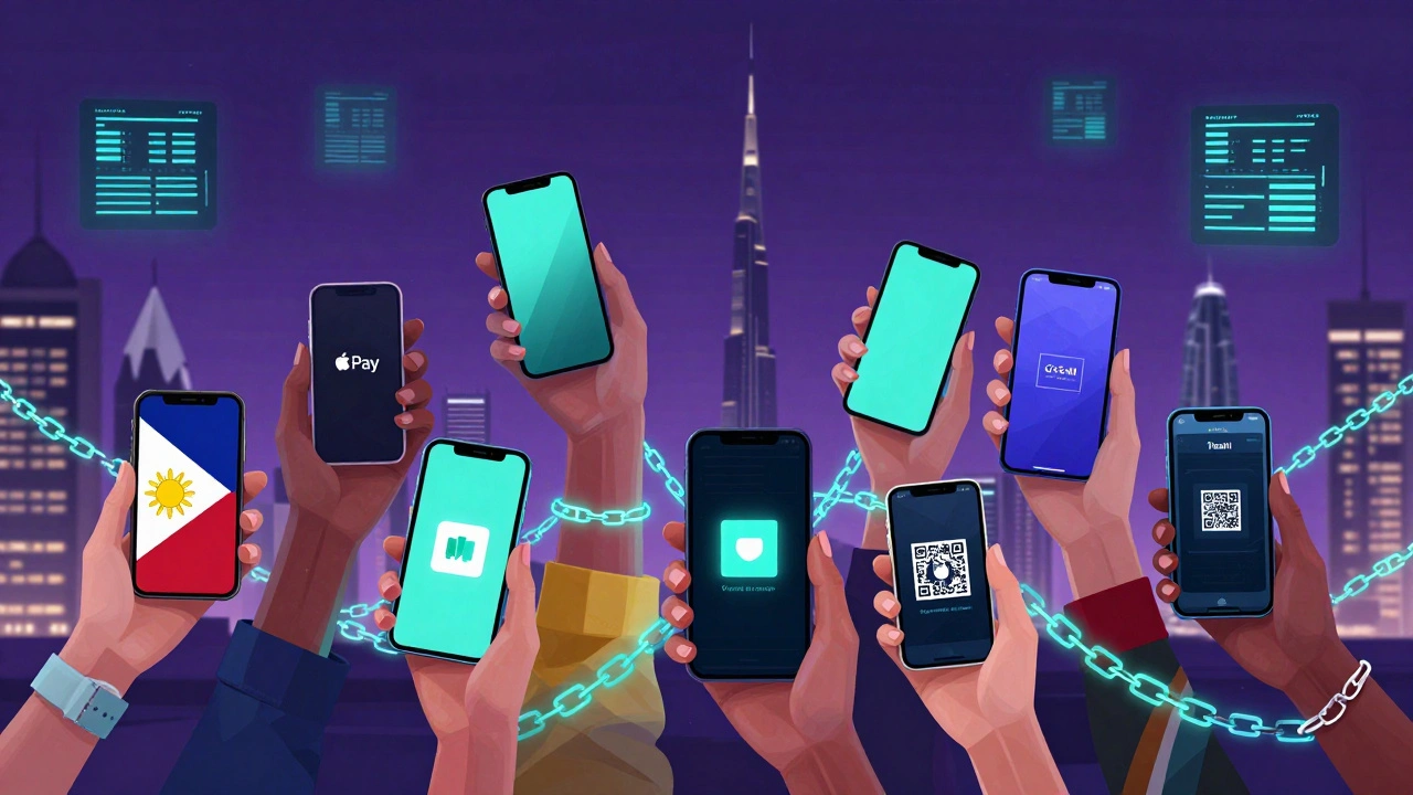 Mosaic of hands from different countries holding phones and payment devices against Dubai’s skyline.