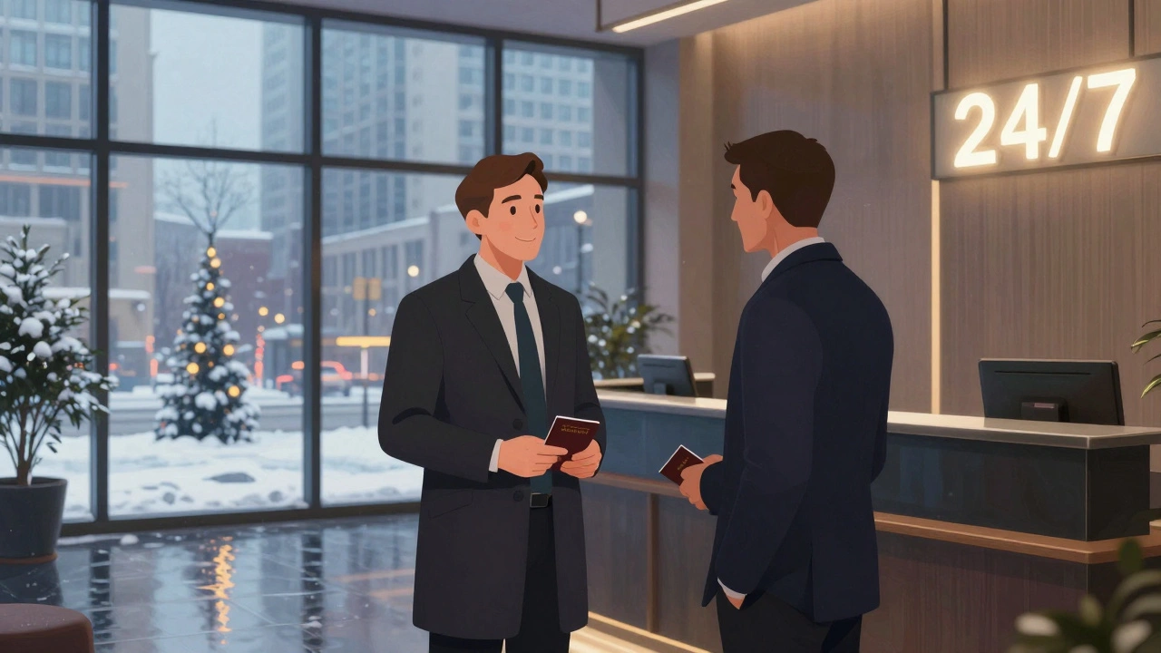 Professional meeting between worker and client in a Moscow hotel lobby during winter, passport in hand.