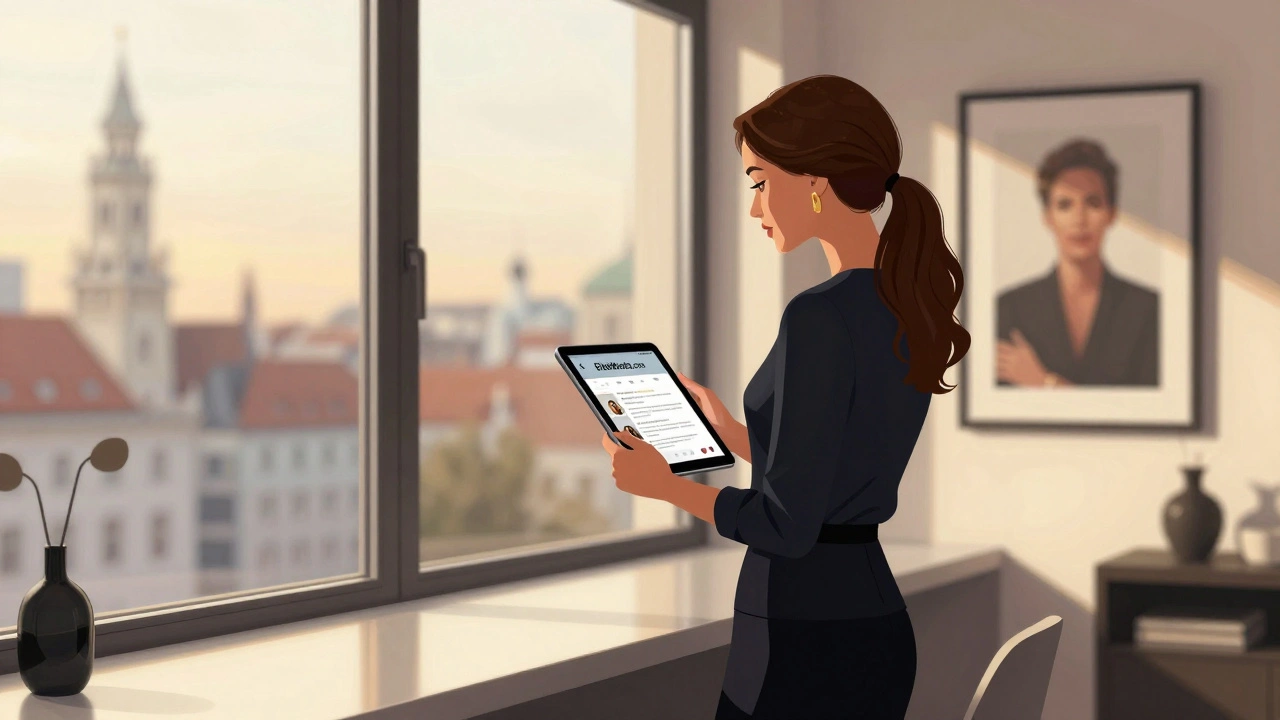 Professional woman in elegant setting viewing EliteMeets.com client review with soft city light.