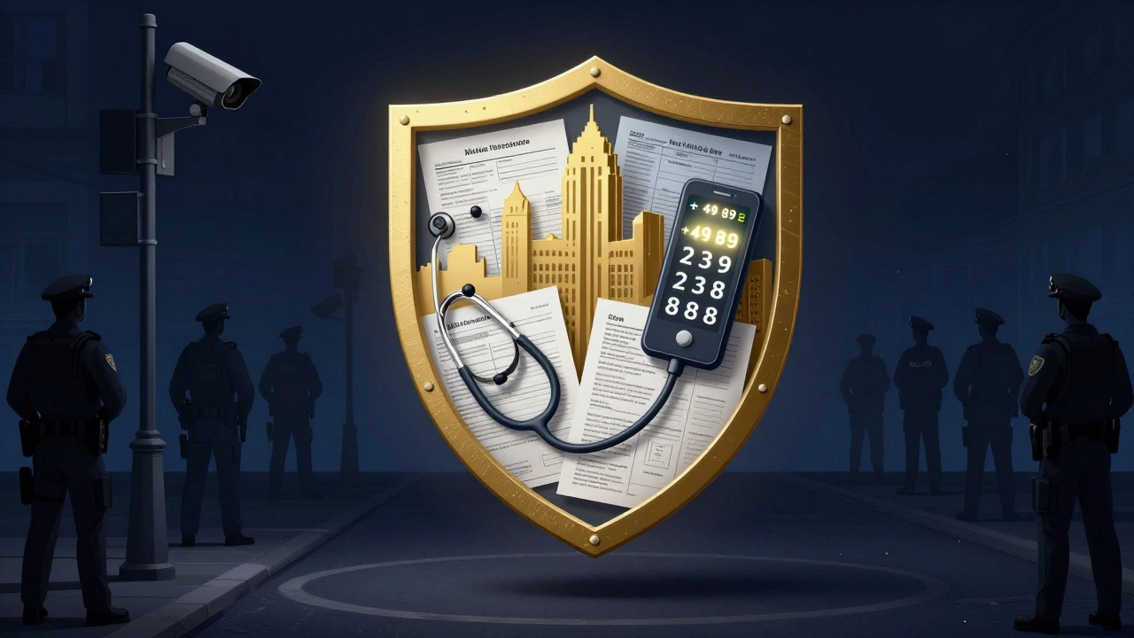 Protective shield made of legal and health symbols above a city street at night.