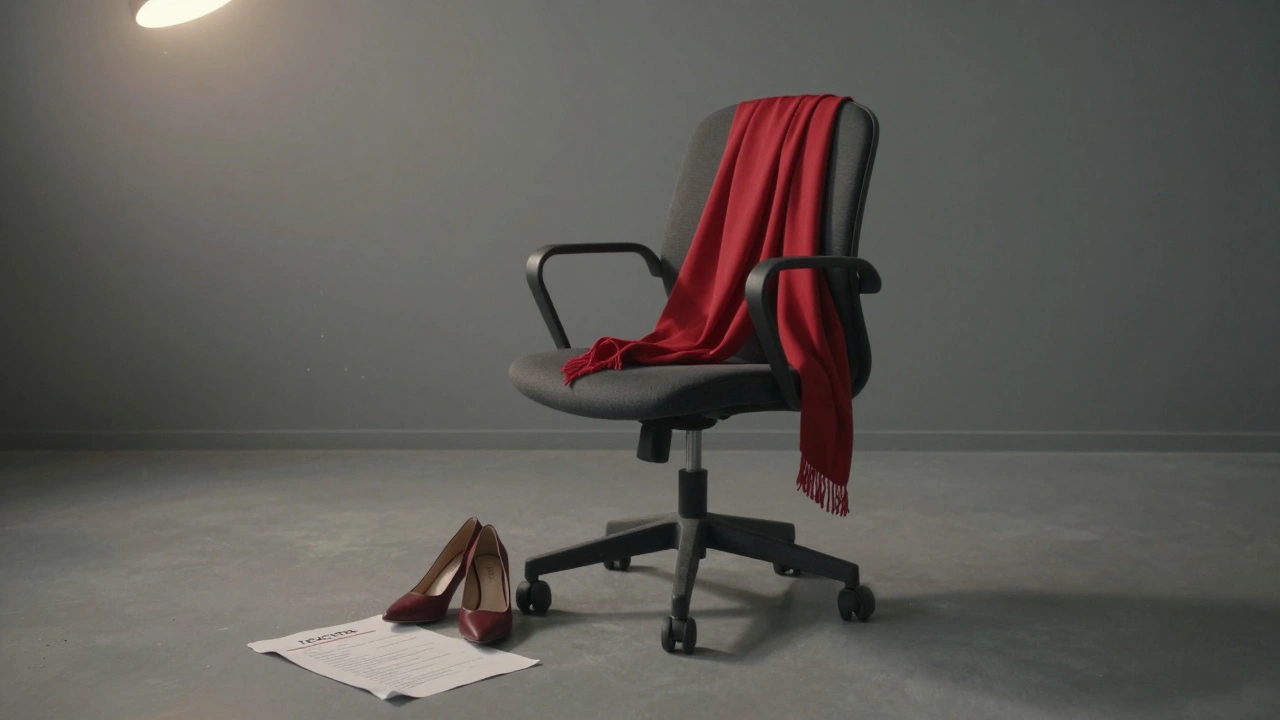 Red scarf over empty office chair with high heels nearby, torn resume reading 'TEACHER' on floor.