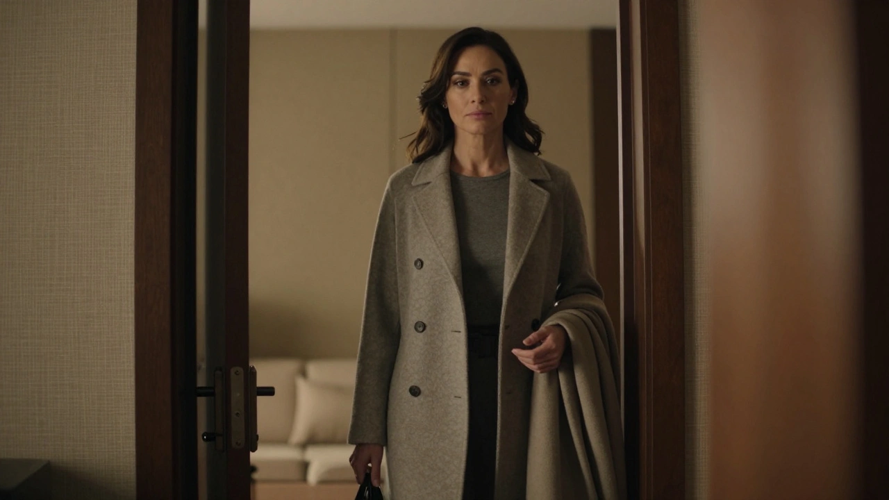 Silhouette of a woman entering a room in a wool coat, carrying a shawl, exuding calm professionalism.