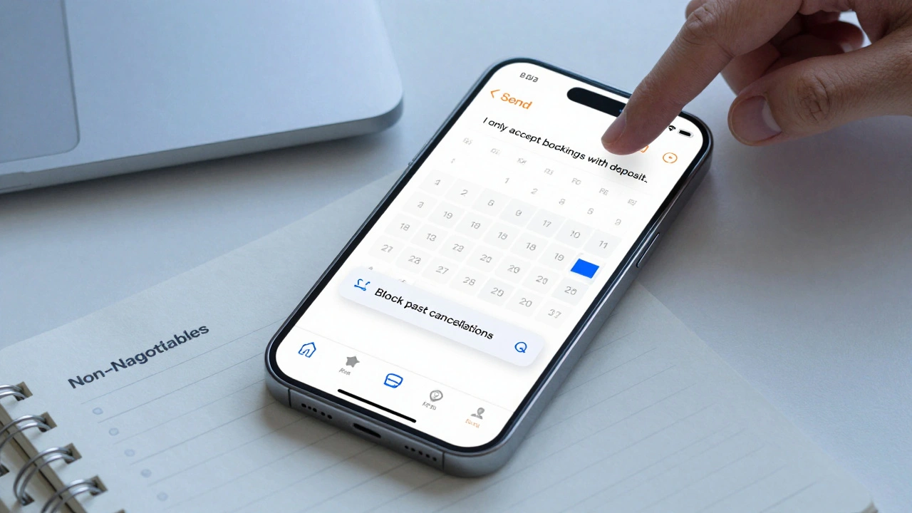 Smartphone screen showing a calendar with filtered messages and an auto-reply setting for bookings.