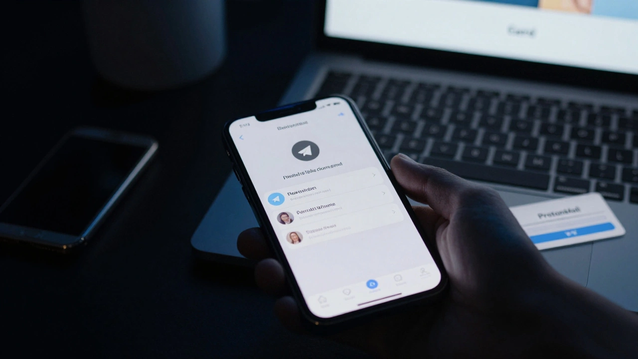 Smartphone showing Telegram, burner phone, and laptop with private website open, no faces.
