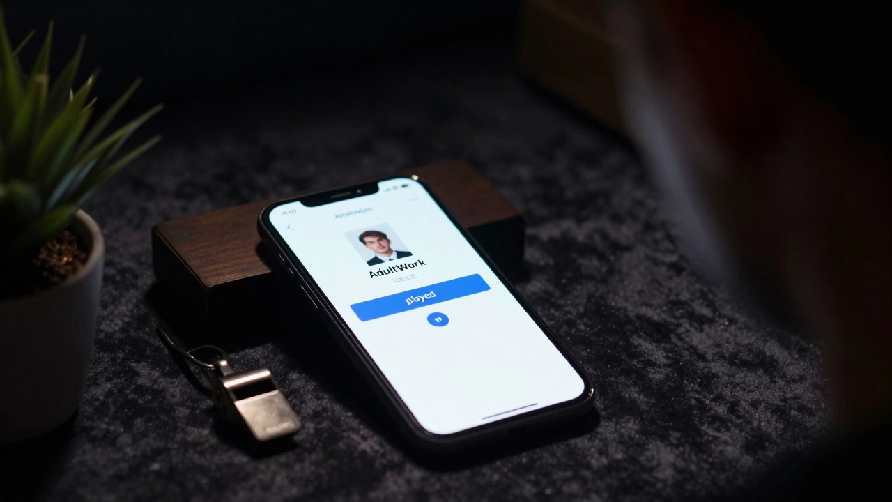 Smartphone showing verified client profile and voice note on a dark surface with safety whistle nearby.