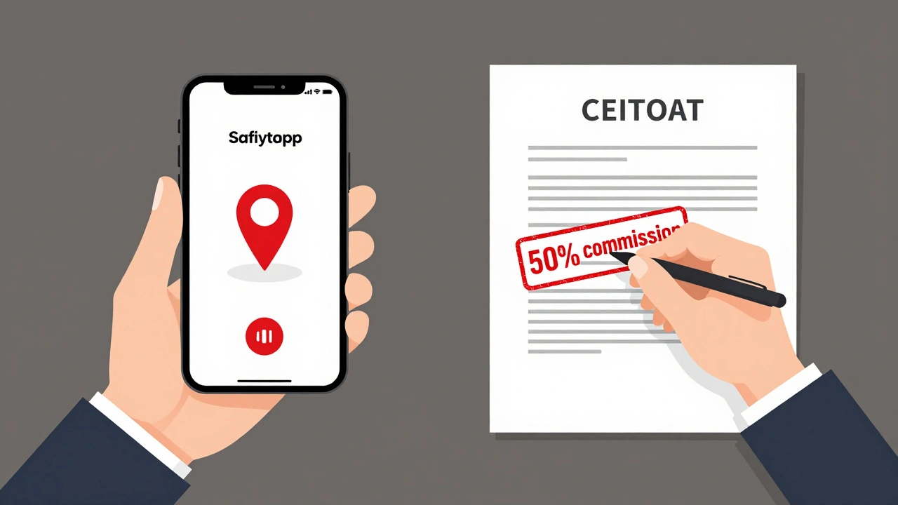 Split-screen showing safety app and contract with commission stamp.