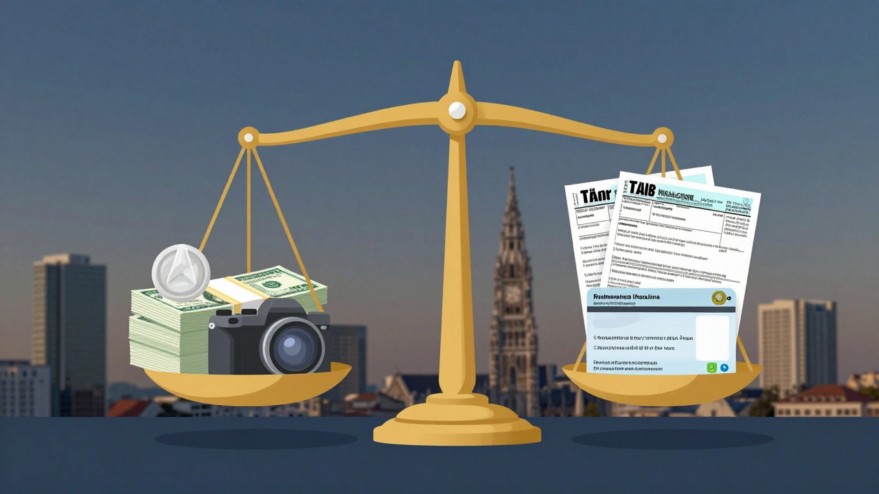 Symbolic scale balancing business expenses and tax compliance against a Munich city backdrop.