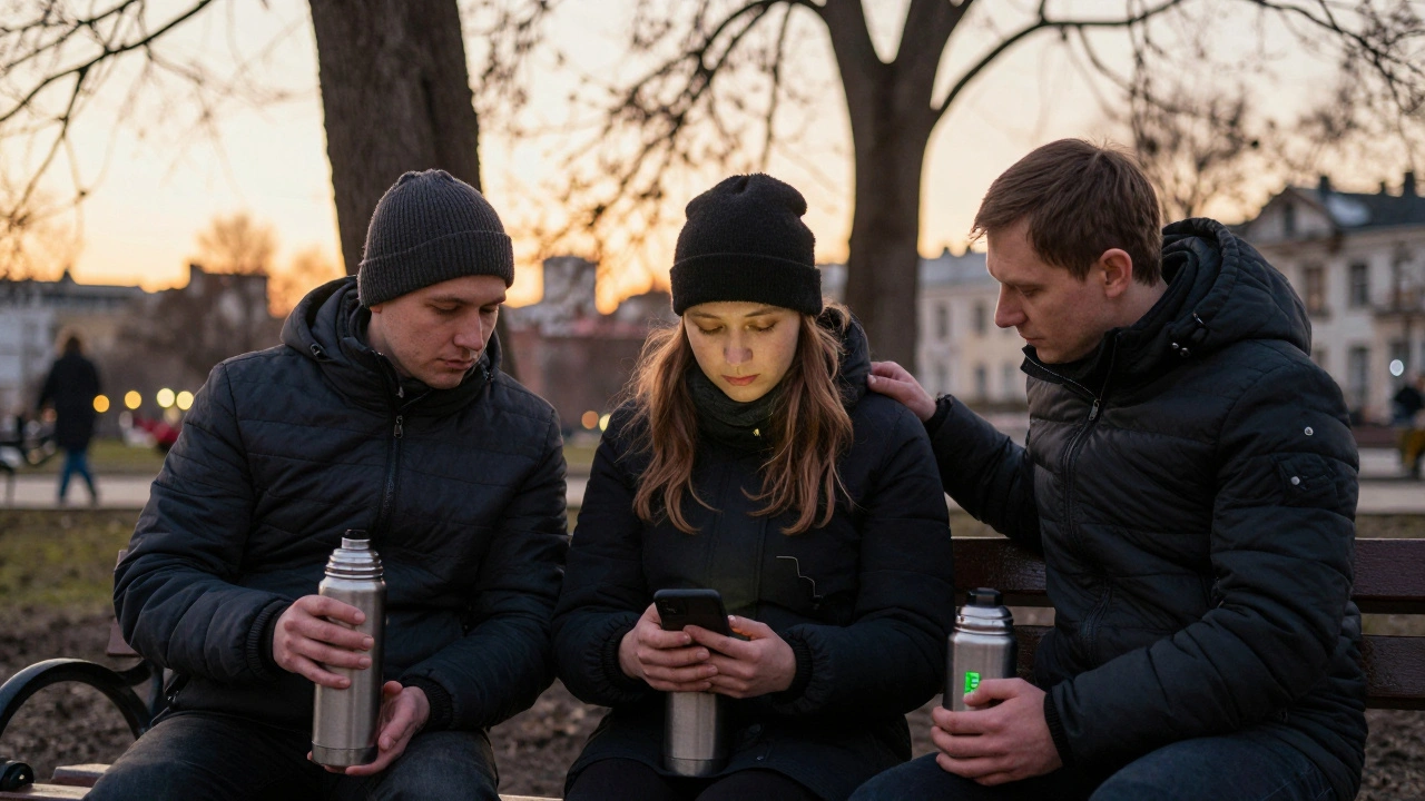 Three adult workers share quiet support on a Moscow park bench at sunset, connected and resilient.