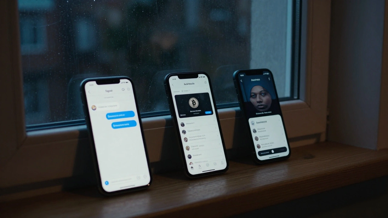 Three phones on windowsill displaying encrypted messages, crypto wallet, and AdultWork filters in dim apartment.