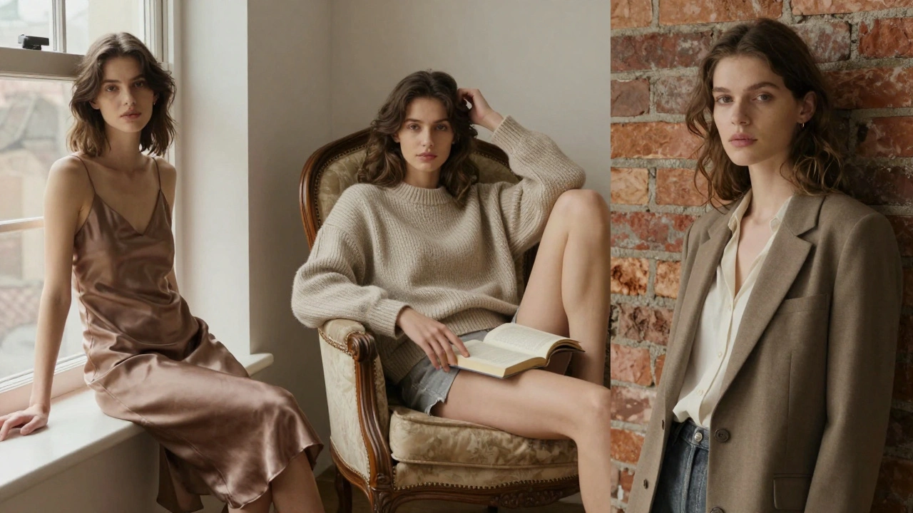 Three styled portraits showing different moods: silk dress, cozy sweater, blazer—all in natural light and real settings.