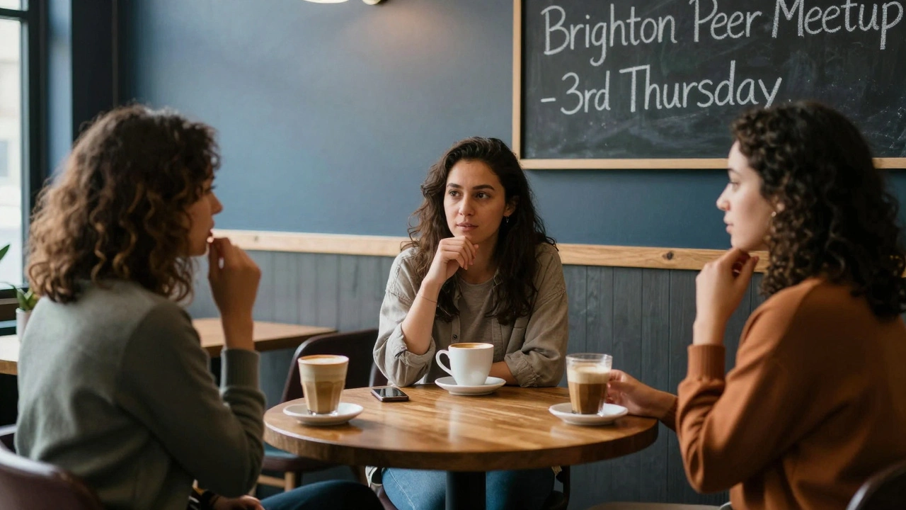 Three women in quiet coffee shop meetup, supportive atmosphere, no faces clearly visible.