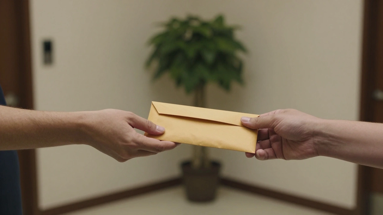 Two hands exchanging an envelope in a quiet hotel lobby, no faces or branding visible.