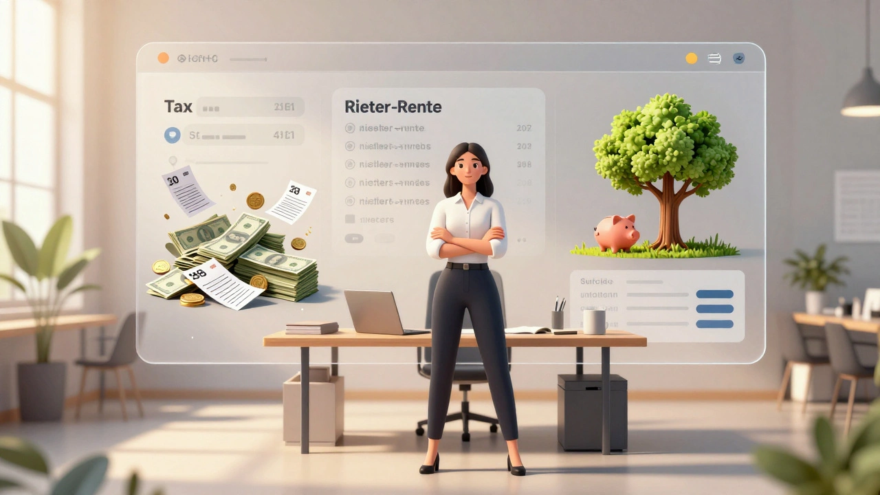 Woman facing a transparent financial dashboard showing tax, insurance, and retirement savings with organized symbols.