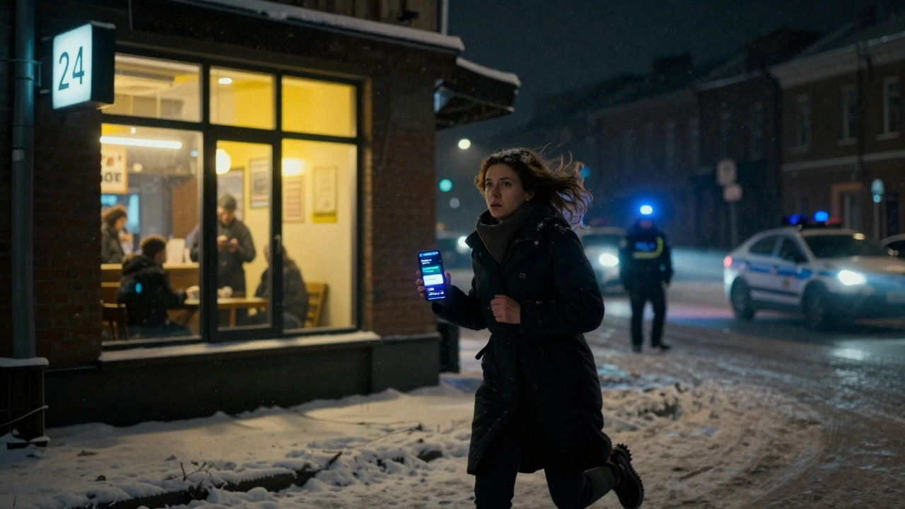 Woman fleeing police lights in snowy Moscow street, heading toward glowing 24-hour café.
