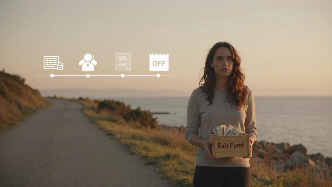 Woman holding 'Exit Fund' box on coastal path at sunset, symbolizing long-term freedom and growth.