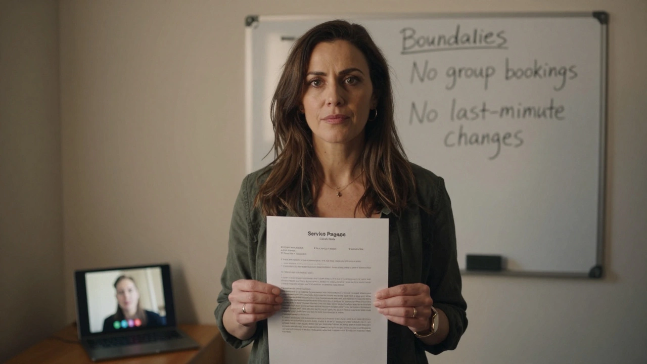 Woman holding a service contract in a well-lit apartment, video call visible on tablet.